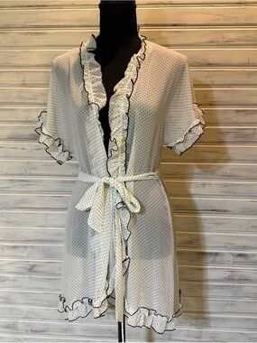 White Polka Dot Ruffle Short Robe with Black Trim